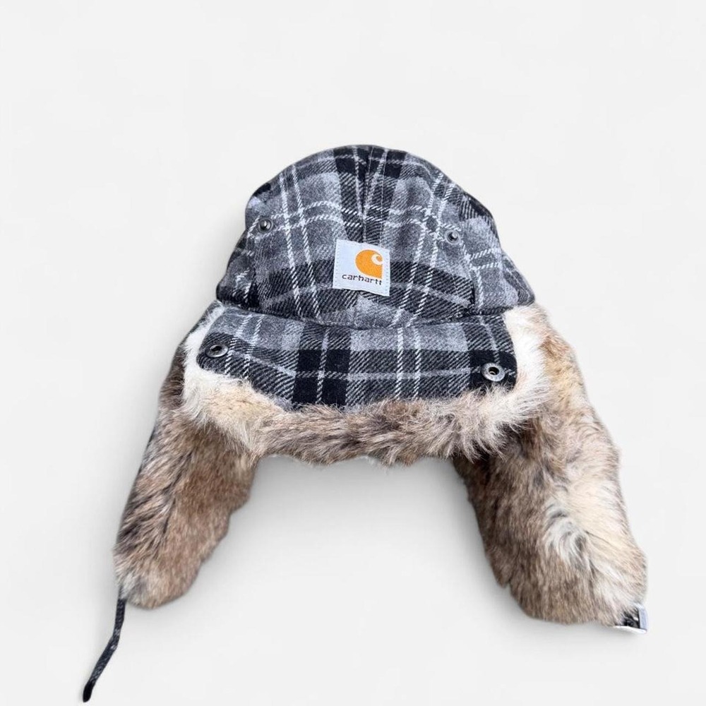 Carhartt Plaid Trapper Hat Men Grey Black Fleece Lined Ear Flaps Gorpcore